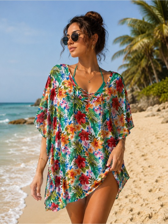 Time and Tru Other - TIME & TRU Women's Tropical Hibiscus Hawaiian Beach Coverup NWOT Size Small